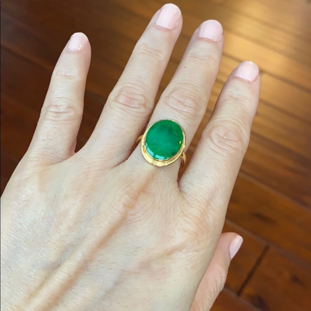 14K Solid Real Gold OVal Green Jade Women Ring